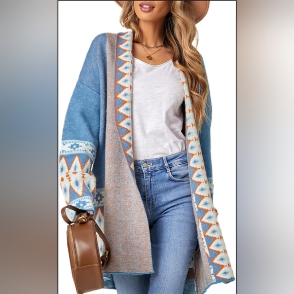 Chic Blue Aztec Cardigan Sweater Boutique Item - Picture 9 of 13